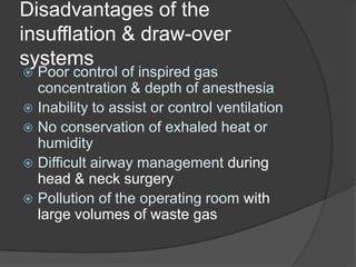 Disadvantages of the
insufflation & draw-over
systems

Poor control of inspired gas
concentration & depth of anesthesia
 Inability to assist or control ventilation
 No conservation of exhaled heat or
humidity
 Difficult airway management during
head & neck surgery
 Pollution of the operating room with
large volumes of waste gas


 