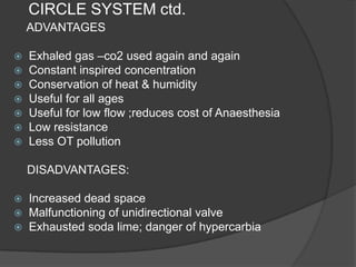 CIRCLE SYSTEM ctd.
ADVANTAGES








Exhaled gas –co2 used again and again
Constant inspired concentration
Conservation of heat & humidity
Useful for all ages
Useful for low flow ;reduces cost of Anaesthesia
Low resistance
Less OT pollution
DISADVANTAGES:

Increased dead space
 Malfunctioning of unidirectional valve
 Exhausted soda lime; danger of hypercarbia


 