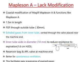 Mapleson A – Lack Modification
 Coaxial modification of Magill Mapleson A & functions like
Mapleson A
 1.5m in length
 FGF through outside tube ( 30mm),
 Exhaled gases from inner tube, vented through the valve placed near
the machine end.
 Inner tube wide in diameter (14 mm) to reduce resistance to
expiration(1.6 cm H2O).
 Reservoir bag & APL valve at machine end.
 Better for spontaneous ventilation.
 This facilitates easy scavenging of expired gases.
 