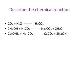 Describe the chemical reaction
• CO₂ + H₂O H₂CO₃
• 2NaOH + H₂CO₃ Na₂CO₃ + 2H₂O
• Ca(OH)₂ + Na₂CO₃ CaCO₃ + 2NaOH
 