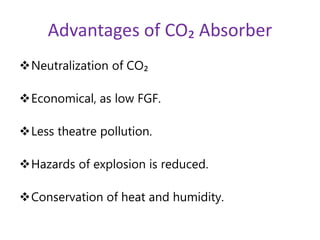 Advantages of CO₂ Absorber
Neutralization of CO₂
Economical, as low FGF.
Less theatre pollution.
Hazards of explosion is reduced.
Conservation of heat and humidity.
 
