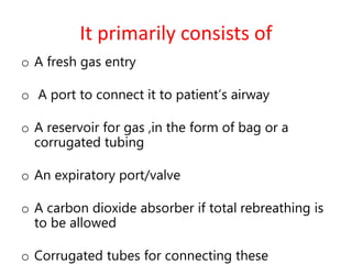 It primarily consists of
o A fresh gas entry
o A port to connect it to patient’s airway
o A reservoir for gas ,in the form of bag or a
corrugated tubing
o An expiratory port/valve
o A carbon dioxide absorber if total rebreathing is
to be allowed
o Corrugated tubes for connecting these
 
