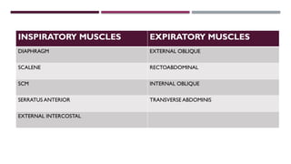 INSPIRATORY MUSCLES EXPIRATORY MUSCLES
DIAPHRAGM EXTERNAL OBLIQUE
SCALENE RECTOABDOMINAL
SCM INTERNAL OBLIQUE
SERRATUS ANTERIOR TRANSVERSE ABDOMINIS
EXTERNAL INTERCOSTAL
 