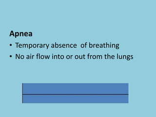 Apnea
• Temporary absence of breathing
• No air flow into or out from the lungs
 