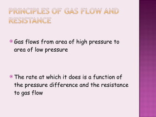 Gas flows from area of high pressure to area of low pressure The rate at which it does is a function of the pressure difference and the resistance to gas flow 