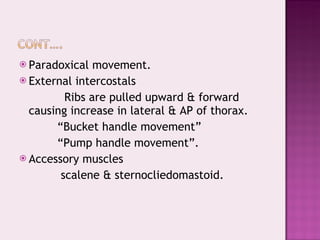 Paradoxical movement. External intercostals Ribs are pulled upward & forward causing increase in lateral & AP of thorax.  “ Bucket handle movement” “ Pump handle movement”. Accessory muscles scalene & sternocliedomastoid. 