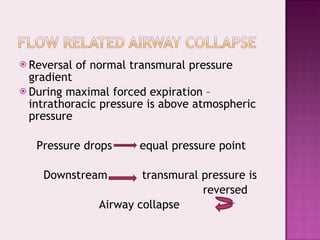 Reversal of normal transmural pressure gradient During maximal forced expiration –intrathoracic pressure is above atmospheric pressure Pressure drops  equal pressure point Downstream  transmural pressure is reversed Airway collapse  