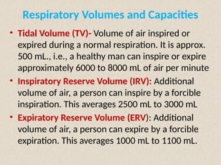 Respiratory Volumes and Capacities
• Tidal Volume (TV)- Volume of air inspired or
expired during a normal respiration. It is approx.
500 mL., i.e., a healthy man can inspire or expire
approximately 6000 to 8000 mL of air per minute
• Inspiratory Reserve Volume (IRV): Additional
volume of air, a person can inspire by a forcible
inspiration. This averages 2500 mL to 3000 mL
• Expiratory Reserve Volume (ERV): Additional
volume of air, a person can expire by a forcible
expiration. This averages 1000 mL to 1100 mL.
 
