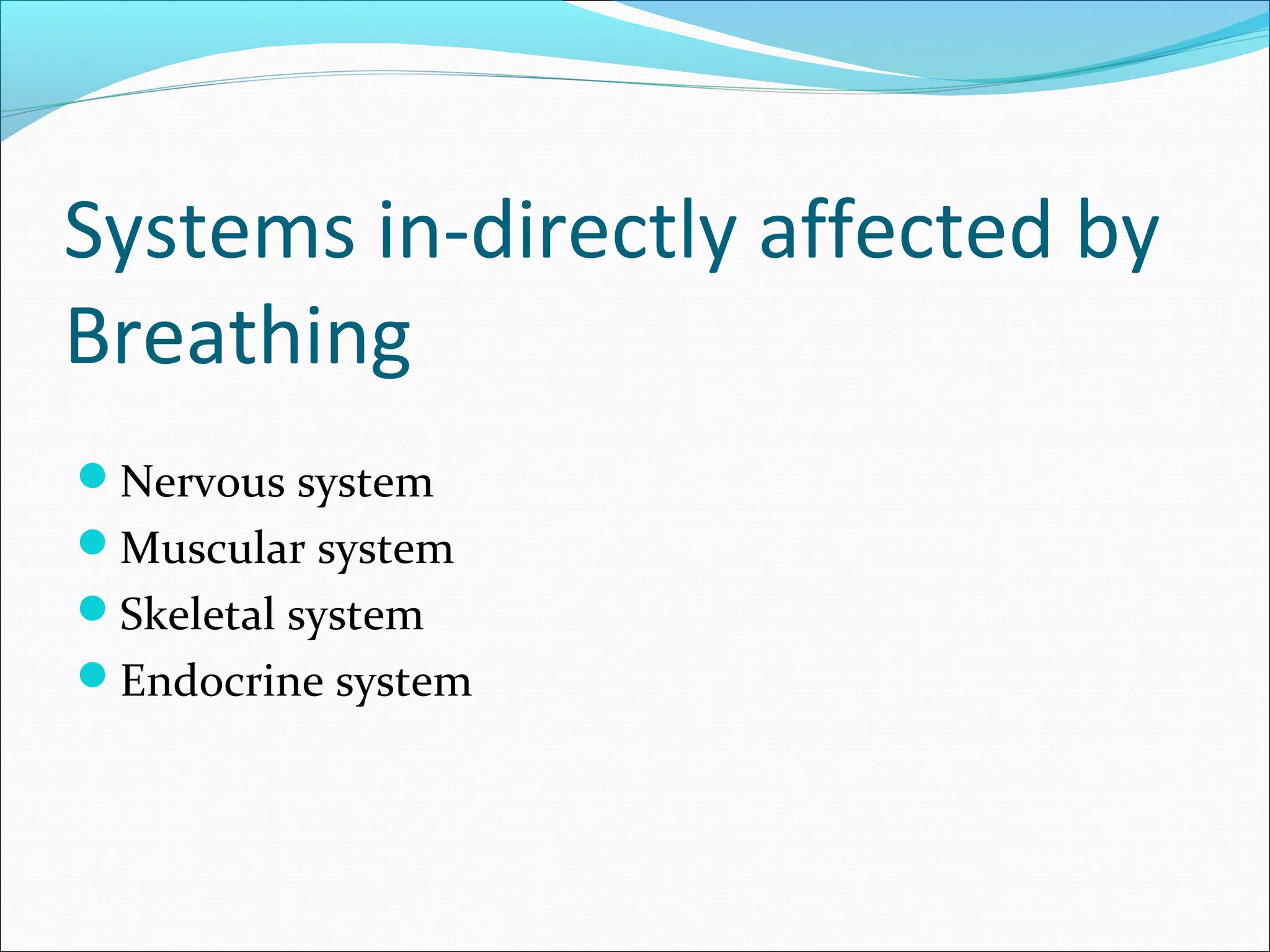 Systems in-directly affected by
Breathing
Nervous system
Muscular system
Skeletal system
Endocrine system
 