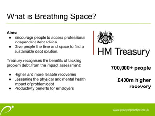www.policyinpractice.co.uk
What is Breathing Space?
Aims:
● Encourage people to access professional
independent debt advice
● Give people the time and space to find a
sustainable debt solution.
Treasury recognises the benefits of tackling
problem debt, from the impact assessment:
● Higher and more reliable recoveries
● Lessening the physical and mental health
impact of problem debt
● Productivity benefits for employers
700,000+ people
£400m higher
recovery
 