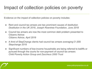 www.policyinpractice.co.uk
Evidence on the impact of collection policies on poverty includes:
● Rent and council tax arrears are two prominent causes of destitution
Destitution in the UK 2018, Joseph Rowntree Foundation, June 2018
● Council tax arrears are now the most common debt problem presented to
Citizens Advice
Citizens Advice, April 2019
● A third of StepChange clients had council tax arrears averaging £1,000
Stepchange 2018
● Significant numbers of low-income households are being referred to bailiffs or
pursued through the courts for non-payment of council tax arrears
Child Poverty Action Group and Zaccheus 2000 Trust
Impact of collection policies on poverty
 