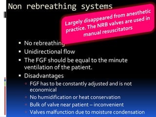 Non rebreathing systems
 No rebreathing
 Unidirectional flow
 The FGF should be equal to the minute
ventilation of the patient.
 Disadvantages
 FGF has to be constantly adjusted and is not
economical
 No humidification or heat conservation
 Bulk of valve near patient – inconvenient
 Valves malfunction due to moisture condensation
 
