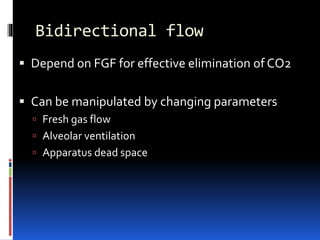 Bidirectional flow
 Depend on FGF for effective elimination of CO2
 Can be manipulated by changing parameters
 Fresh gas flow
 Alveolar ventilation
 Apparatus dead space
 