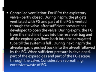  Controlled ventilation: For IPPV the expiratory
valve - partly closed. During insprn, the pt gets
ventilated with FG and part of the FG is vented
through the valve after sufficient pressure has
developed to open the valve. During exprn, the FG
from the machine flows into the reservoir bag and
all the expired gas flows back into the corrugated
tube till the system is full . During next insprn the
alveolar gas is pushed back into the alveoli followed
by the FG.When sufficient pressure is developed,
part of the expired gas and part of the FG escape
through the valve. Considerable rebreathing,
excessive waste of FG.
 