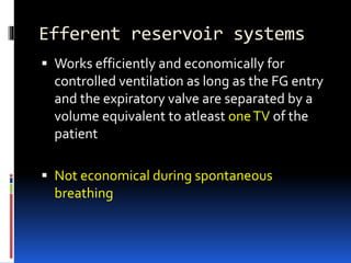 Efferent reservoir systems
 Works efficiently and economically for
controlled ventilation as long as the FG entry
and the expiratory valve are separated by a
volume equivalent to atleast oneTV of the
patient
 Not economical during spontaneous
breathing
 