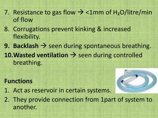 Breathing TubesMade of rubber or plastic or silicone.Can be impregnated with silver to add antimicrobial effect.Length is variable.Internal diameter Adults – 22mm.