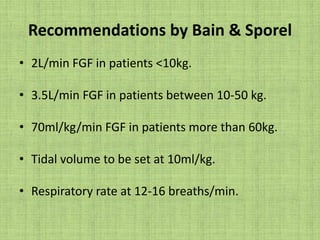 Efferent Reservoir SystemMapleson D,E,& F systems, all have a T piece in common. T piece is 3 way tubular connector, 1cm in diameter & 5cm in length. It has 3 ports To PatientThe expiratory Port.Fresh Gas Port.FGF = PIFR has been used to prevent air dilution.
