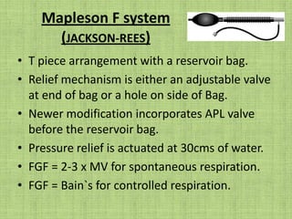 2) Pethick’s test –High flow O2 is fed into the circuit while the patient end is occluded until the bag is filled.The patient end is opened and simultaneously ‘O2 flush’ is activated. If the inner tube is intact, the Venturi effect occurring at the patient end, causes a decrease in pressure within the circuit and the reservoir bag deflates. Conversely if there is a leak in the inner tube, gas escapes into the outer tube and the reservoir bag remains inflated