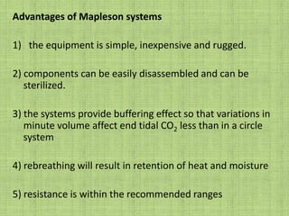 Mapleson F system(JACKSON-REES)T piece arrangement with a reservoir bag.Relief mechanism is either an adjustable valve at end of bag or a hole on side of Bag.Newer modification incorporates APL valve before the reservoir bag. Pressure relief is actuated at 30cms of water.FGF = 2-3 x MV for spontaneous respiration.FGF = Bain`s for controlled respiration.