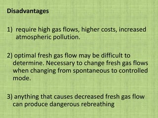Hazards1) lack of humidification2) need for high fresh gas flows3) occlusion of relief valve can increase the airway pressure, producing barotraumas