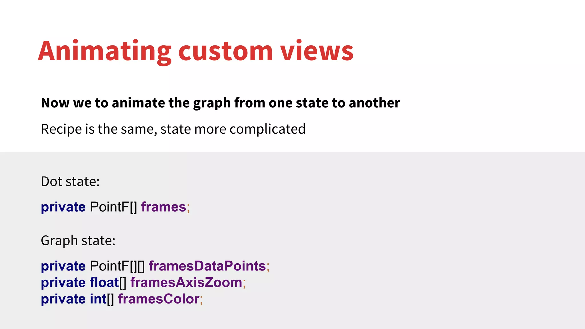 Animating custom views
Now we to animate the graph from one state to another
Recipe is the same, state more complicated
Dot state:
private PointF[] frames;
Graph state:
private PointF[][] framesDataPoints;
private float[] framesAxisZoom;
private int[] framesColor;
 