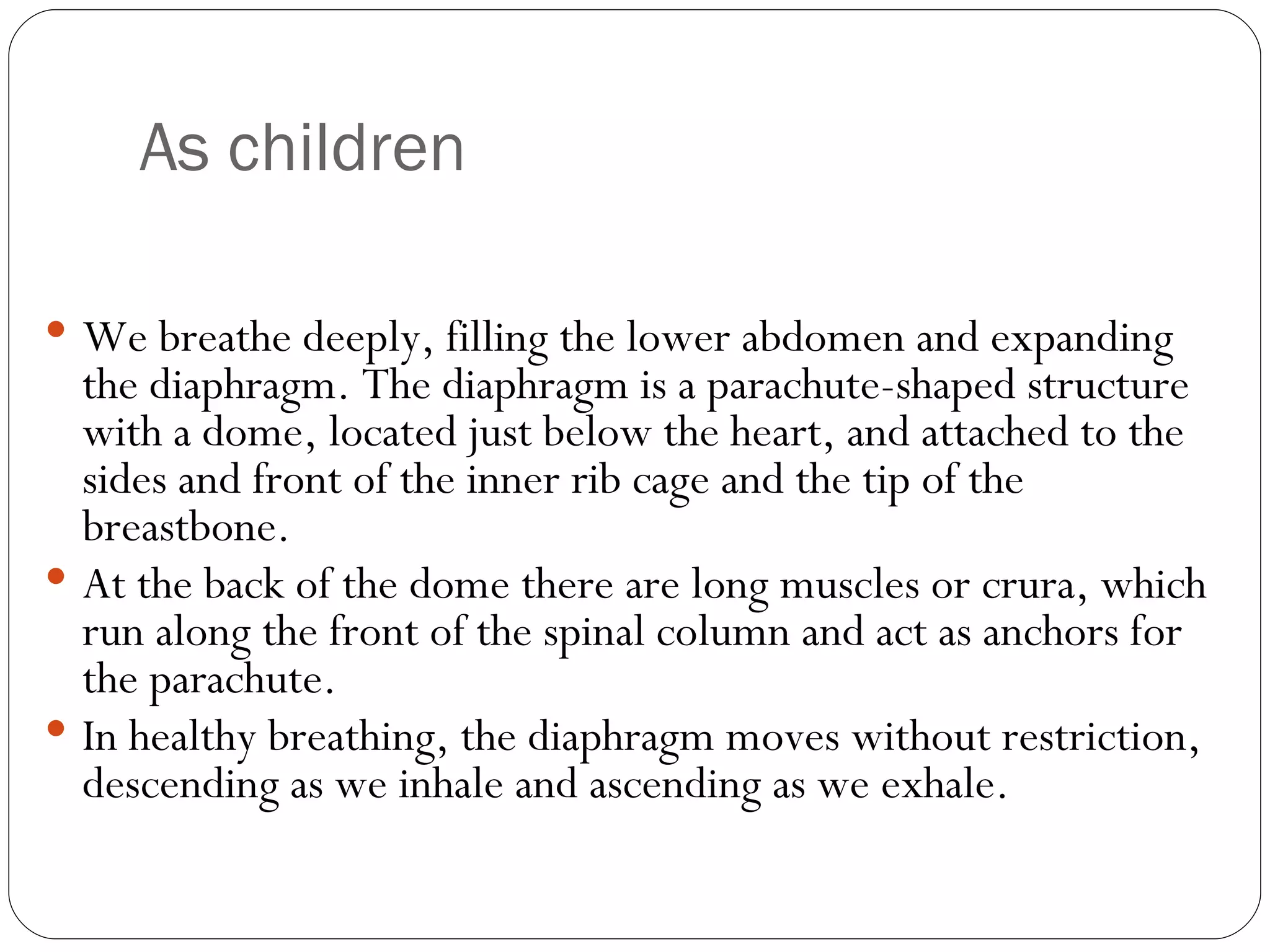 As children We breathe deeply, filling the lower abdomen and expanding the diaphragm. The diaphragm is a parachute-shaped structure with a dome, located just below the heart, and attached to the sides and front of the inner rib cage and the tip of the breastbone.  At the back of the dome there are long muscles or crura, which run along the front of the spinal column and act as anchors for the parachute.  In healthy breathing, the diaphragm moves without restriction, descending as we inhale and ascending as we exhale.  