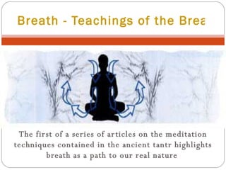 The first of a series of articles on the meditation techniques contained in the ancient tantr highlights breath as a path to our real nature   Breath - Teachings of the Breath   