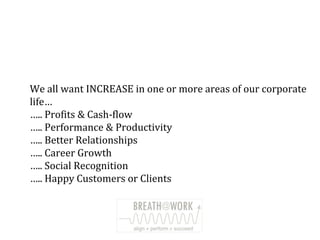We all want INCREASE in one or more areas of our corporate
life…
….. Profits & Cash-flow
….. Performance & Productivity
….. Better Relationships
….. Career Growth
….. Social Recognition
….. Happy Customers or Clients
 