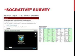 “SOCRATIVE” SURVEY
Brebeuf Reads!: An Independent Reading Survey
Wed, May 14 11:23 AM
Room: 628988 (john.macdonald@tcdsb.org)
Please enter your last name, first name (ex. West, Michael):
On average, how often do you visit the Brebeuf College School library?
On average, how often have you borrowed a book from our classroom library?
In English class, I prefer to study a common, core novel (suggested by the teacher) rather than have to choose my own book and read independently.
What is the best book you read (either independently or for class) this semester?
Overall, what kinds of books or reading material are most interesting to you? (Choose one genre/category
List a specific title or general recommendation for reading material you would
Agree or disagree: incorporating daily Independe
Jamito Kimuel Once a month Once a week Agree Alex Rider The StormBreaker
Adventure Captain Underpants Strongly agree
Astill,Matthew Once a week Once a week Neutral The Enemy by:Charlie Higson
Science fiction novels The divergent series Strongly agree
Piluso, David Rarely Once a month Neutral Drought landers Thriller Thriller Neutral
Paraluman, Dominic Once a month Once a month Neutral The Lost Hero by Rick Riordan
Series Storm by Carrie Mac Agree
Alberga,Antonio Daily Rarely Neutral The Clone Codes Sci-Fi The Clone Codes Strongly agree
George Beri Daily Once a week
Beri, George Once a week Rarely Neutral How to tell if your cat is ploting to kill you
Hell if I know Soprts Agree
Choi, Mark Daily Once a week Strongly disagree The Maze Runner Sci-Fi A full series. (i.e Maze Runner Trilogy, A series of Unfortunate events, etc...)
Agree
Pifanio,Aaron Rarely Rarely Strongly disagree A Dance of Dragons Fantasy A song of ice and fire Strongly agree
Delos Reyes, Shawn Daily Once a week Agree The Alchemyst Fantasy Fiction Novels IDK Agree
Adrienne Mariano Once a week Never Disagree I am number four Adventure, War, Realistic Fiction
Lorien Legacy series Strongly agree
Camalla, Paul Once a month Rarely Disagree Crabbe Horror/Mystery Stephen King - Doctor sleepAgree
Choi, Michael Once a week Daily Strongly disagree To build a fire Fantasy, dystopia, action, apocalypse
Fantasy, apocalypse, short story
Neutral
Jose, Keith Daily Once a month Strongly disagree The Alchemyst Series Manga Mystery books Strongly agree
Henry, Troy Rarely Rarely Disagree War Brothers Graphic Novels Steve Jobs Agree
Sedrick Never
Martin, Nehëm Daily Once a month Disagree The Reluctant Journal Of Henry K. Larsen
Action, Fantasy, Sports, Games
Alcatraz vs. The Evil Librarians
Strongly agree
Del Rosario, Jian Carlo Daily Once a week Neutral Biography books of Lebron James, Kobe Bryant, Michael Jordan and Steve Nash
Biography books More NBA players biography book
Agree
Ruddy,Edwin Once a week Once a week Agree The Maze Runner Action Adventure More sport novels Strongly agree
Pazzanese,Alex Rarely Once a month Strongly disagree Hunger Games sports i don't know Neutral
Tongol, Pio Once a month Never Neutral The Red Pyramid Horror and Adventure Rick Riordan Agree
Bae,Albert Once a week Rarely Disagree Black Out Action I don't Know Agree
Vopni, Harrison Rarely Daily Neutral War Brothers Adventure, horror/mystery and graphic novels.
War Brothers Strongly agree
Hornbostel, Nicholas Rarely Never Disagree Maze Runner Adventure Maze Runner Agree
Sedrick Never Daily Strongly disagree Fifty Shades of Grey Adult Shrek Diaries Strongly disagree
Glyn-Williams,Daniel Rarely Daily Strongly disagree Hunger Games Sports Sidney Crosby Neutral
Ege, John Rey Once a week Rarely Disagree Final Four by Paul Volponi Adventure Sports nikolas sparks "the notebook"
Agree
Castil,Ivan Daily Once a month Disagree the alchemyst myths the fat boy chronicles Agree
yu, Ryan Daily Never Disagree Cirque Du Freak Horror More variety Agree
Chow, Mateo Daily Never Strongly disagree xxxHolic Manga Kamisama Hajimemashita Strongly agree
 