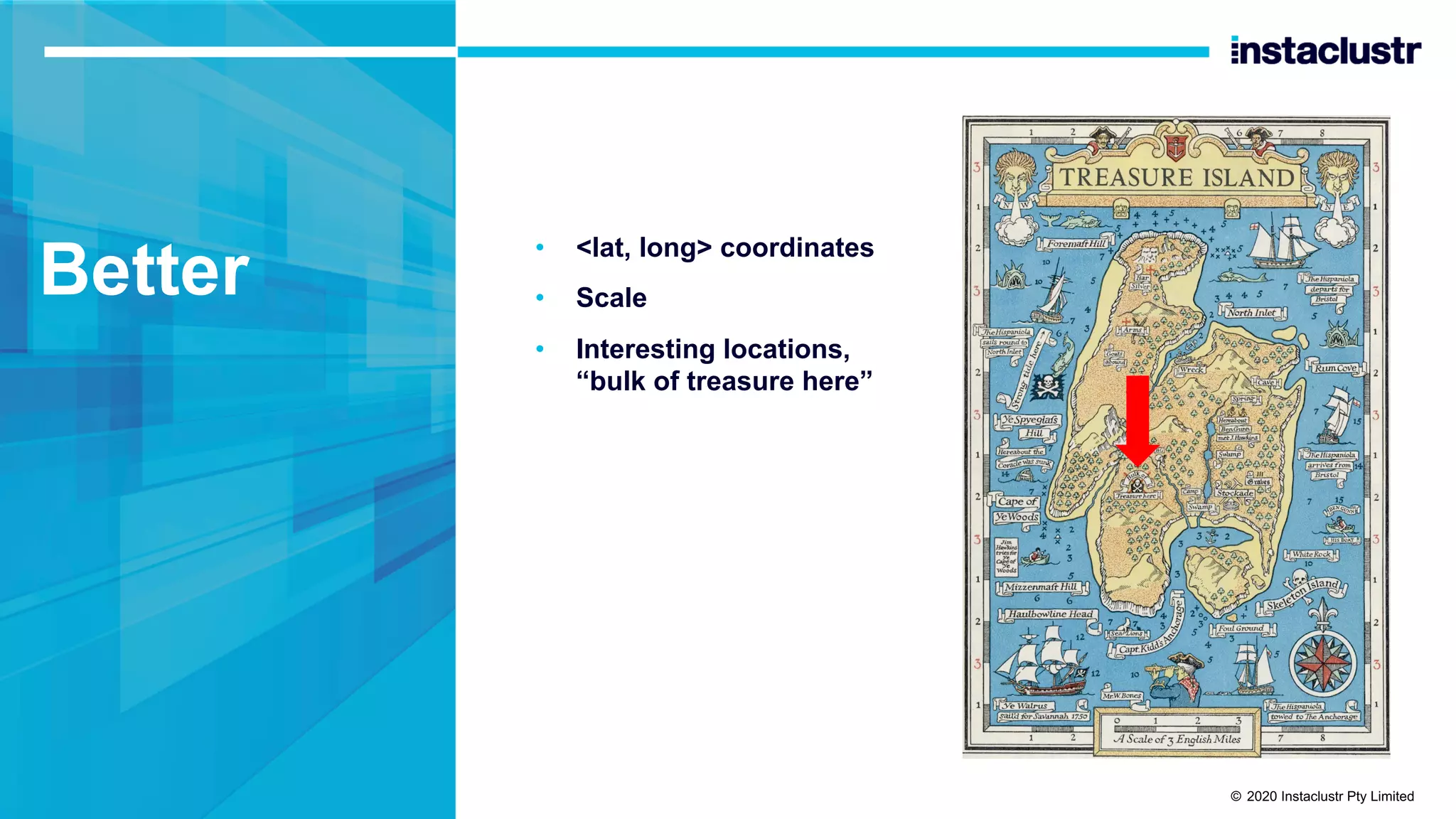 Better • <lat, long> coordinates • Scale • Interesting locations, “bulk of treasure here” © 2020 Instaclustr Pty Limited 