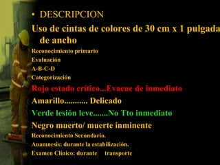 DESCRIPCIONUso de cintas de colores de 30 cm x 1 pulgada de anchoReconocimiento primarioEvaluación A-B-C-DCategorizaciónRojo estado crítico...Evacue de inmediatoAmarillo........... Delicado Verde lesión leve.......No Tto inmediatoNegro muerto/ muerte inminenteReconocimiento Secundario.Anamnesis: durante la estabilización.Examen Clínico: durante el transporte