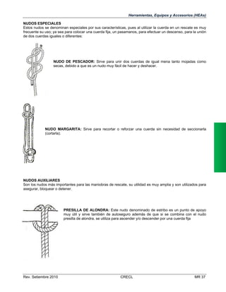 Herramientas, Equipos y Accesorios (HEAs)
NUDOS ESPECIALES
Estos nudos se denominan especiales por sus características, pues al utilizar la cuerda en un rescate es muy
frecuente su uso; ya sea para colocar una cuerda fija, un pasamanos, para efectuar un descenso, para la unión
de dos cuerdas iguales o diferentes:

NUDO DE PESCADOR: Sirve para unir dos cuerdas de igual mena tanto mojadas como
secas, debido a que es un nudo muy fácil de hacer y deshacer.

NUDO MARGARITA: Sirve para recortar o reforzar una cuerda sin necesidad de seccionarla
(cortarla).

NUDOS AUXILIARES
Son los nudos más importantes para las maniobras de rescate, su utilidad es muy amplia y son utilizados para
asegurar, bloquear o detener.

PRESILLA DE ALONDRA: Este nudo denominado de estribo es un punto de apoyo
muy útil y sirve también de autoseguro además de que si se combina con el nudo
presilla de alondra, se utiliza para ascender y/o descender por una cuerda fija

Rev. Setiembre 2010

CRECL

MR 37

 