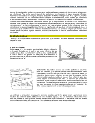 Reconocimiento de daños en edificaciones

Muchos de los atrapados contaron con agua, razón por la cual lograron resistir más tiempo que el señalado por
las estadísticas. Algo similar sucedió durante las explosiones en el colector de aguas servidas del sector
Reforma de la ciudad de Guadalajara, Jalisco el 22 de Abril de 1992, donde producto de la explosión, muchas
viviendas colapsaron con sus habitantes adentro, quedando en estas espacios vitales aislados que permitieron
el rescate de víctimas en algunos casos hasta 12 horas después de haber ocurrido la serie de explosiones.
Tomando en cuenta lo expresado y señalando además que el compartimiento de las estructuras ante eventos
sísmicos, fallas o vicios de construcción y fenómenos físicos producidos por el hombre tienen “cierto patrón de
comportamiento”, se hace indispensable el conocer las características básicas de los diferentes tipos de
estructuras a los cuales nos podemos enfrentar, no significando esto que toda estructura colapsada tiende a
comportarse igual ante fenómenos similares. No se hace referencia a la forma de colapsar y la manera como
pueden quedar las placas, vigas o columnas, lo cual hace imperante el conocer los fundamentos sobre cada
una de ellas.

TIPOS DE COLAPSO
Cada tipo de colapso tiene características particulares que asimismo requieren técnicas particulares para
trabajar en ellos.

1. POR SU FORMA:
En forma de “V”: Localizados a ambos lados del piso colapsado
y el ángulo formado por el suelo y las partes inferiores de las
paredes en pie. Esto ocurre también cuando la placa o parte de ella
al caer se fractura por golpear con otra parte de la estructura o
algún volumen que se encuentre en el piso inferior provocando una
figura similar a una “V”.

Apilamiento: Se produce cuando las paredes portantes o columnas
fallan por completo, y los pisos superiores caen horizontalmente sobre
los inferiores. Localizados sobre o bajo los pisos colapsados, donde los
escombros tienen mayor volumen, en este tipo de espacio vital la
víctima queda sepultada, quedando espacio libre suficiente para que
pueda respirar y mantenerse con vida. Los espacios en apilamiento
prevalecen en los colapsos que se dan en edificaciones de concreto de
varios pisos. Estos se refieren a la caída de los paneles de varios pisos
que caen uno sobre otro. Los espacios resultantes son limitados y de
difícil acceso, especialmente en estructuras de concreto.

Las víctimas se encuentran en pequeños espacios creados cuando los pisos tienen separaciones como
resultado del contenido de las edificaciones como muebles, equipos, etc. Los elementos estructurales rotos
entre los paneles de pisos y techos también pueden crear espacios internos. El rescate se hace con acceso
horizontal a través de los orificios creados. En ocasiones es necesario hacer accesos forzados

Rev. Setiembre 2010

CRECL

MR 49

 