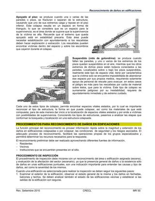 Reconocimiento de daños en edificaciones
Apoyado al piso: se produce cuando una o varias de las
paredes o pisos, se fracturan o separan de la estructura,
causando que uno de sus extremos caiga y repose en el piso
inferior. Este colapso resulta en un espacio en forma de
triangulo, lo que se considera que es un espacio para la
supervivencia, es el área donde se supone que la supervivencia
de la víctima es alta. Recuerde que el extremo que queda
apoyado está en estabilidad precaria. Esta área puede
necesitar estabilización con apuntalamiento si los rescatistas
deben hacer exploración o extracción. Los rescatistas pueden
encontrar víctimas dentro del espacio y sobre los escombros
que cayeron durante el colapso.

Suspendido (nido de golondrina): se produce cuando
fallan las paredes, y uno o varios de los extremos de los
pisos quedan suspendidos en el aire, mientras que los otros
extremos de dichos pisos están todavía conectados a las
paredes. Localizados sobre o bajo los pisos suspendidos,
realmente este tipo de espacio vital, tiene por característica
que la víctima solo se encuentra imposibilitada de abandonar
ese espacio por sus propios medios, requiriendo solamente
apoyo de personal de rescate para evacuar, en estos casos
el peligro es más para los rescatistas por caída de material
sobre éstos, que para la víctima. Este tipo de colapso es
sumamente peligroso por su inestabilidad, requiere de
apuntalamiento inmediato y de extremo cuidado.

Cada uno de estos tipos de colapso, permite encontrar espacios vitales aislados, por lo cual es importante
reconocer el tipo de estructura, la forma en que puede colapsar, así como los materiales de que está
compuesta, para de esta manera dar inicio a la localización de espacios vitales aislados y por ende a víctimas
con posibilidades de supervivencia. Conociendo los tipos de estructuras, pasemos a analizar las etapas que
conforman la búsqueda y localización en una estructura colapsada.

PROCEDIMIENTOS PARA RECONOCIMIENTO DE DAÑOS EN EDIFICACIONES 
La función principal del reconocimiento es proveer información rápida sobre la magnitud y extensión de los
daños en edificaciones colapsadas o por colapsar, las condiciones de seguridad y los riesgos asociados. El
adecuado proceso de reconocimiento, facilitará las operaciones propias de los grupos especializados y
permitirá determinar los recursos necesarios para la respuesta.
El reconocimiento preliminar debe ser realizado aprovechando diferentes fuentes de información,
 Residentes
 Vecinos
 Instituciones que se encuentren presentes en el sitio.
PROCEDIMIENTO DE INSPECCIÓN
El procedimiento de inspección debe iniciarse con un reconocimiento del área o edificación asignada (escena),
y evaluación de la afectación del sector (escenario), ya que la presencia general de daños o la existencia sólo
de daños en unas edificaciones puntuales, son una indicación importante para entender las causas y tipo de
daños, así como la severidad de los mismos.
Cuando una edificación es seleccionada para realizar la inspección se deben seguir los siguientes pasos:
1. Examinar el exterior de la edificación, observar el estado general de la misma y los daños en fachadas,
balcones y techos. Se deben analizar también el estado de las edificaciones vecinas y establecer si las
salidas de la edificación son seguras.

Rev. Setiembre 2010

CRECL

MR 50

 