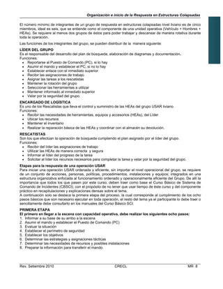 Organización e inicio de la Respuesta en Estructuras Colapsadas
El número mínimo de integrantes de un grupo de respuesta en estructuras colapsadas nivel liviano es de cinco
miembros, ideal es seis, que se entiende como el componente de una unidad operativa (Vehículo + Hombres +
HEAs). Se requiere al menos dos grupos de éstos para poder trabajar y descansar de manera rotativa durante
toda la operación.
Las funciones de los integrantes del grupo, se pueden distribuir de la manera siguiente:
LÍDER DEL GRUPO
Es el responsable del desarrollo del plan de búsqueda, elaboración de diagramas y documentación.
Funciones:
 Reportarse al Puesto de Comando (PC), si lo hay
 Asumir el mando y establecer el PC, si no lo hay
 Establecer enlace con el inmediato superior
 Recibir las asignaciones de trabajo
 Asignar las tareas a los rescatistas
 Mantener la rotación del grupo
 Seleccionar las herramientas a utilizar
 Mantener informado al inmediato superior
 Velar por la seguridad del grupo.
ENCARGADO DE LOGÍSTICA
Es uno de los Rescatistas que lleva el control y suministro de las HEAs del grupo USAR liviano.
Funciones:
 Recibir las necesidades de herramientas, equipos y accesorios (HEAs), del Líder
 Ubicar los recursos
 Mantener el inventario
 Realizar la reparación básica de las HEAs y coordinar con el almacén su devolución.
RESCATISTAS
Son los que efectúan la operación de búsqueda cumpliendo el plan asignado por el líder del grupo.
Funciones:
 Recibir del líder las asignaciones de trabajo
 Utilizar las HEAs de manera correcta y segura
 Informar al líder del progreso de la tarea
 Solicitar al líder los recursos necesarios para completar la tarea y velar por la seguridad del grupo.
Etapas para la respuesta de una operación USAR
Para iniciar una operación USAR ordenada y eficiente, sin importar el nivel operacional del grupo, se requiere
de un conjunto de acciones, personas, políticas, procedimientos, instalaciones y equipos; integrados en una
estructura organizativa enfocada al funcionamiento ordenado y operacionalmente eficiente del Grupo. De allí la
importancia que todos los que pasen por este curso, deben traer como base el Curso Básico de Sistema de
Comando de Incidentes (CBSCI), con el propósito de no tener que usar tiempo de éste curso y del componente
práctico en recapitulaciones y explicaciones densas sobre el tema.
A continuación solo se destaca la primera etapa del proceso, la cual corresponde al cumplimiento de los ocho
pasos básicos que son necesario ejecutar en toda operación, el resto del tema ya el participante lo debe traer o
sencillamente debe consultarlo en los manuales del Curso Básico SCI.
PRIMERA ETAPA
El primero en llegar a la escena con capacidad operativa, debe realizar los siguientes ocho pasos:
1. Informar a su base de su arribo a la escena
2. Asumir el mando y establecer el Puesto de Comando (PC)
3. Evaluar la situación
4. Establecer el perímetro de seguridad
5. Establecer los objetivos
6. Determinar las estrategias y asignaciones tácticas
7. Determinar las necesidades de recursos y posibles instalaciones
8. Preparar la información para transferir el mando.

Rev. Setiembre 2010

CRECL

MR 8

 