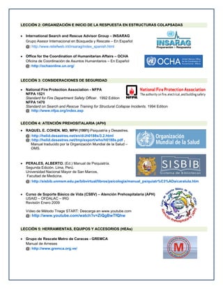 LECCIÓN 2: ORGANIZACIÓN E INICIO DE LA RESPUESTA EN ESTRUCTURAS COLAPSADAS
 International Search and Rescue Advisor Group – INSARAG
Grupo Asesor Internacional en Búsqueda y Rescate – En Español
@: http://www.reliefweb.int/insarag/index_spanish.html
 Office for the Coordination of Humanitarian Affairs – OCHA
Oficina de Coordinación de Asuntos Humanitarios – En Español
@: http://ochaonline.un.org/

LECCIÓN 3: CONSIDERACIONES DE SEGURIDAD
 National Fire Protection Association - NFPA
NFPA 1521
Standard for Fire Department Safety Officer. 1992 Edition
NFPA 1470
Standard on Search and Rescue Training for Structural Collapse Incidents. 1994 Edition
@: http://www.nfpa.org/index.asp

LECCIÓN 4: ATENCIÓN PREHOSITALARIA (APH)
 RAQUEL E. COHEN, MD, MPH (1991) Psiquiatría y Desastres.
@: http://helid.desastres.net/en/d/Jh0188s/3.2.html
@: http://helid.desastres.net/tmp/export/who/h0188s.pdf .
Manual traducido por la Organización Mundial de la Salud –
OMS.

 PERALES, ALBERTO. (Ed.) Manual de Psiquiatría.
Segunda Edición. Lima, Perú.
Universidad Nacional Mayor de San Marcos,
Facultad de Medicina.
@: http://sisbib.unmsm.edu.pe/bibvirtual/libros/psicologia/manual_psiquiatr%C3%ADa/caratula.htm
 Curso de Soporte Básico de Vida (CSBV) – Atención Prehospitalaria (APH)
USAID – OFDALAC – IRG
Revisión Enero 2009
Vídeo de Método Triage START: Descarga en www.youtube.com
@: http://www.youtube.com/watch?v=ZiQgBwTfQhw

LECCIÓN 5: HERRAMIENTAS, EQUIPOS Y ACCESORIOS (HEAs)
 Grupo de Rescate Metro de Caracas - GREMCA
Manual de Arneses
@: http://www.gremca.org.ve/

 