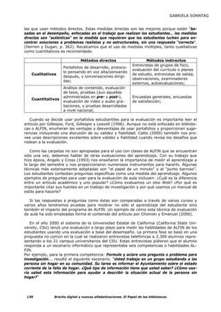 GABRIELA SONNTAG


las que usan métodos directos. Estas medidas directas son las mejores porque están “ba-
sadas en el desempeño, enfocadas en el trabajo que realizan los estudiantes… las medidas
directas son "auténticas" en la medida que requieren que los estudiantes luchen para en-
contrar soluciones a problemas realistas y no estructurados, sin una respuesta “correcta”.
(Hernon y Dugan, p. 362). Recalcamos que el uso de medidas múltiples, tanto cualitativas
como cuantitativos es recomendado.

                                Métodos directos                      Métodos indirectos
                                                               Entrevistas de grupos de foco,
                     Portafolios de desarrollo, protoco-
                                                               evaluación del currículo o planes
                     lo pensando en voz alta/pensando
    Cualitativos                                               de estudio, entrevistas de salida,
                     después, y conversaciones dirigi-
                                                               observaciones, examinadores
                     das;
                                                               externos, autoevaluaciones;
                     Análisis de contenido, evaluación
                     de tesis, pruebas (aun aquellas
                     administradas en pre- y post-),           Encuestas generales, encuestas
    Cuantitativos
                     evaluación de video y audio gra-          de satisfacción;
                     baciones, y pruebas desarrolladas
                     a nivel nacional;

   Cuando se decide usar portafolios estudiantiles para la evaluación es importante leer el
artículo por Gillespie, Ford, Gillespie y Leavell (1996). Aunque no está enfocado en bibliote-
cas o ALFIN, enumeran las ventajas y desventajas de usar portafolios y proporcionan suge-
rencias incluyendo una discusión de su validez y fiabilidad. Catts (2000) también nos pro-
vee unas descripciones excelentes sobre validez y fiabilidad cuando revisa los desafíos que
rodean a la evaluación.

   Como las carpetas no son apropiadas para el uso con clases de ALFIN que se encuentran
sólo una vez, debemos hablar de otras evaluaciones del aprendizaje. Con su trabajo que
hizo época, Angelo y Cross (1993) nos enseñaron la importancia de medir el aprendizaje a
lo largo del semestre y nos proporcionaron numerosos instrumentos para hacerlo. Algunas
técnicas más extensamente adoptadas son “el papel de un minuto” y el "punto barroso”.
Los estudiantes contestan preguntas específicas como una medida del aprendizaje. Algunos
ejemplos de preguntas para usar para la evaluación de aula incluyen: ¿Cuál es la diferencia
entre un artículo académico y uno popular? ¿Cómo evaluamos un sitio Web? ¿Por qué es
importante citar sus fuentes en un trabajo de investigación y por qué usamos un manual de
estilo para hacerlo?

   Si las respuestas a preguntas como éstas son comparadas a través de varios cursos y
varios años tendremos pruebas para mostrar no sólo el aprendizaje del estudiante sino
también el impacto del programa de ALFIN. Un ejemplo de cómo esta técnica de evaluación
de aula ha sido empleadas forma el contenido del artículo por Choinski y Emanuel (2006).

   En el año 2000 el sistema de la Universidad Estatal de California (California State Uni-
versity, CSU) lanzó una evaluación a largo plazo para medir las habilidades de ALFIN de los
estudiantes usando una evaluación a base del desempeño. La primera fase se basó en una
propuesta no común en la cual se realizaron entrevistas telefónicas a 3.309 alumnos repre-
sentando a los 21 campus universitarios del CSU. Estas entrevistas pidieron que el alumno
responda a un escenario informático que representaba seis competencias o habilidades AL-
FIN.
Por ejemplo, para la primera competencia: Formule y aclare una pregunta o problema para
investigación... resultó el siguiente escenario: “Usted trabaja en un grupo estudiando a las
persona sin hogar en su comunidad. Su tarea es informar el Ayuntamiento sobre el estado
corriente de la falta de hogar. ¿Qué tipo de información tiene que usted saber? ¿Cómo usa-
ría usted esta información para ayudar a describir la situación actual de la persona sin
hogar?”




 130            Brecha digital y nuevas alfabetizaciones. El Papel de las bibliotecas
 