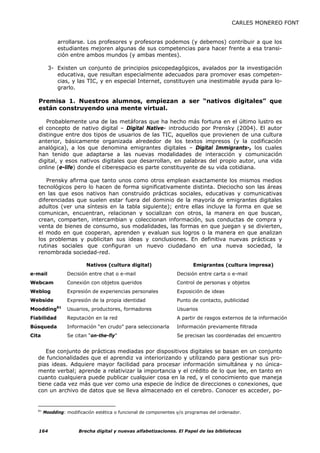 CARLES MONEREO FONT


             arrollarse. Los profesores y profesoras podemos (y debemos) contribuir a que los
             estudiantes mejoren algunas de sus competencias para hacer frente a esa transi-
             ción entre ambos mundos (y ambas mentes).

         3- Existen un conjunto de principios psicopedagógicos, avalados por la investigación
            educativa, que resultan especialmente adecuados para promover esas competen-
            cias, y las TIC, y en especial Internet, constituyen una inestimable ayuda para lo-
            grarlo.

   Premisa 1. Nuestros alumnos, empiezan a ser “nativos digitales” que
   están construyendo una mente virtual.

      Probablemente una de las metáforas que ha hecho más fortuna en el último lustro es
   el concepto de nativo digital – Digital Native- introducido por Prensky (2004). El autor
   distingue entre dos tipos de usuarios de las TIC, aquellos que provienen de una cultura
   anterior, básicamente organizada alrededor de los textos impresos (y la codificación
   analógica), a los que denomina emigrantes digitales – Digital Immigrants-, los cuales
   han tenido que adaptarse a las nuevas modalidades de interacción y comunicación
   digital, y esos nativos digitales que desarrollan, en palabras del propio autor, una vida
   online (e-life) donde el ciberespacio es parte constituyente de su vida cotidiana.

      Prensky afirma que tanto unos como otros emplean exactamente los mismos medios
   tecnológicos pero lo hacen de forma significativamente distinta. Dieciocho son las áreas
   en las que esos nativos han construido prácticas sociales, educativas y comunicativas
   diferenciadas que suelen estar fuera del dominio de la mayoría de emigrantes digitales
   adultos (ver una síntesis en la tabla siguiente); entre ellas incluye la forma en que se
   comunican, encuentran, relacionan y socializan con otros, la manera en que buscan,
   crean, comparten, intercambian y coleccionan información, sus conductas de compra y
   venta de bienes de consumo, sus modalidades, las formas en que juegan y se divierten,
   el modo en que cooperan, aprenden y evaluan sus logros o la manera en que analizan
   los problemas y publicitan sus ideas y conclusiones. En definitiva nuevas prácticas y
   rutinas sociales que configuran un nuevo ciudadano en una nueva sociedad, la
   renombrada sociedad-red.

                          Nativos (cultura digital)                     Emigrantes (cultura impresa)
e-mail            Decisión entre chat o e-mail                   Decisión entre carta o e-mail
Webcam            Conexión con objetos queridos                  Control de personas y objetos
Weblog            Expresión de experiencias personales           Exposición de ideas
Webside           Expresión de la propia identidad               Punto de contacto, publicidad
             81
Moodding          Usuarios, productores, formadores              Usuarios
Fiabilidad        Reputación en la red                           A partir de rasgos externos de la información
Búsqueda          Información “en crudo” para seleccionarla      Información previamente filtrada
Cita              Se citan “on-the-fly”                          Se precisan las coordenadas del encuentro


     Ese conjunto de prácticas mediadas por dispositivos digitales se basan en un conjunto
  de funcionalidades que el aprendiz va interiorizando y utilizando para gestionar sus pro-
  pias ideas. Adquiere mayor facilidad para procesar información simultánea y no única-
  mente verbal; aprende a relativizar la importancia y el crédito de lo que lee, en tanto en
  cuanto cualquiera puede publicar cualquier cosa en la red, y el conocimiento que maneja
  tiene cada vez más que ver como una especie de índice de direcciones o conexiones, que
  con un archivo de datos que se lleva almacenado en el cerebro. Conocer es acceder, po-


  81
       Moodding: modificación estética o funcional de componentes y/o programas del ordenador.



   164                Brecha digital y nuevas alfabetizaciones. El Papel de las bibliotecas
 