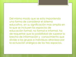 Del mismo modo que se esta imponiendo una forma de considerar el sistema educativo, en su significación mas amplia en la que se incluyen los espacios de educación formal, no formal e informal, ha de requerirse que la posibilidad de superar la brecha de información y  conocimiento que divide a los grupos e individuos atraviesa por la actuación sinérgica de los tres espacios. 
