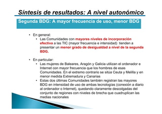Síntesis de resultados: A nivel autonómico
Segunda BDG: A mayor frecuencia de uso, menor BDG

    • En general:
       • Las Comunidades con mayores niveles de incorporación
          efectiva a las TIC (mayor frecuencia e intensidad) tienden a
          presentar un menor grado de desigualdad a nivel de la segunda
          BDG.

    • En particular:
       • Las mujeres de Baleares, Aragón y Galicia utilizan el ordenador e
          Internet con mayor frecuencia que los hombres de esas
          Comunidades. En el extremo contrario se sitúa Ceuta y Melilla y en
          menor medida Extremadura y Canarias
       • Estas dos últimas Comunidades también registran las mayores
          BDG en intensidad de uso de ambas tecnologías (conexión a diario
          al ordenador o Internet), quedando claramente descolgadas del
          conjunto de regiones con niveles de brecha que cuadruplican las
          medias nacionales
 