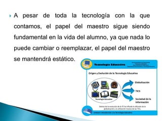 A pesar de toda la tecnología con la que
contamos, el papel del maestro sigue siendo
fundamental en la vida del alumno, ya que nada lo
puede cambiar o reemplazar, el papel del maestro
se mantendrá estático.
 