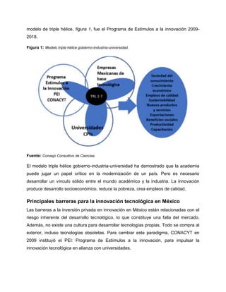 modelo de triple hélice, figura 1, fue el Programa de Estímulos a la innovación 2009-
2018.
Figura 1: Modelo triple hélice gobierno-industria-universidad.
Fuente: Consejo Consultivo de Ciencias
El modelo triple hélice gobierno-industria-universidad ha demostrado que la academia
puede jugar un papel crítico en la modernización de un país. Pero es necesario
desarrollar un vínculo sólido entre el mundo académico y la industria. La innovación
produce desarrollo socioeconómico, reduce la pobreza, crea empleos de calidad.
Principales barreras para la innovación tecnológica en México
Las barreras a la inversión privada en innovación en México están relacionadas con el
riesgo inherente del desarrollo tecnológico, lo que constituye una falla del mercado.
Además, no existe una cultura para desarrollar tecnologías propias. Todo se compra al
exterior, incluso tecnologías obsoletas. Para cambiar este paradigma, CONACYT en
2009 instituyó el PEI: Programa de Estímulos a la innovación, para impulsar la
innovación tecnológica en alianza con universidades.
 