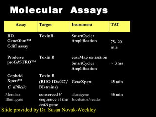 Commercially Available  Molecular  Assays Slide provided by Dr. Susan Novak-Weekley akSli Assay Target Instrument TAT BD GeneOhm ™ Cdiff Assay ToxinB SmartCycler Amplification 75-120 min Prodesse proGASTRO ™ Toxin B easyMag extraction SmartCycler Amplification ~ 3 hrs Cepheid Xpert ™  C. difficile Toxin B (RUO IDs 027/BIstrains) GeneXpert 45 min Meridian Illumigene conserved 5’ sequence of the  tcdA  gene  illumigene Incubator/reader 45 min 