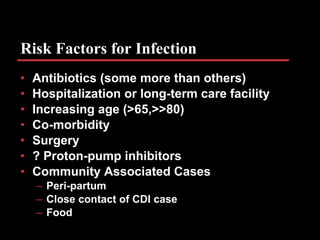 Risk Factors for Infection <ul><li>Antibiotics (some more than others) </li></ul><ul><li>Hospitalization or long-term care...