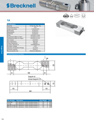 104
1A
Speciﬁcations
Capacity 0.5 kg,1kg, 2kg, 3kg
Comprehensive Error 0.02
Output Sensitivity 1.2±0.01mV/V
Nonlinearity ±0.02%F.S.
Repeatability ±0.02%F.S.
Hysteresis ±0.02%F.S.
Creep ±0.02%F.S. 5min
Temperature Effect on Zero ±0.02%F.S./10°C
Temperature Effect on Output ±0.02%F.S./10°C
Zero Output ±0.5mV/V
Input Resistance 395±10Ω
Output Resistance 350±5Ω
Insulation Resistance ≥2000MΩ(50V£)
Excitation Voltage ≤10V
Operation Temperature Range -10-+40°C
Overload Capacity 150%F.S.
Recommended Use Electronic Balances
Part Number Description Ship Weight Price
1A-0.5kg LC, aluminum / metric miniature sensor 1 lb $75
1A-1kg LC, aluminum / metric miniature sensor 1 lb $75
BM14K-C3-20t LC, aluminum / metric miniature sensor 1 lb $75
BM14K-C3-30t LC, aluminum / metric miniature sensor 1 lb $75
Outline Dimensions mm (inch)
SinglePoint
 
