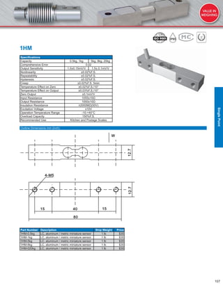 107
1HM
Speciﬁcations
Capacity 0.5kg, 1kg 5kg, 8kg, 20kg
Comprehensive Error 0.02
Output Sensitivity 1.0±0.15mV/V 1.5±.0.1mV/V
Nonlinearity ±0.02%F.S.
Repeatability ±0.02%F.S.
Hysteresis ±0.02%F.S.
Creep ±0.02%F.S. 5min
Temperature Effect on Zero ±0.02%F.S./10°
Temperature Effect on Output ±0.03%F.S./10°
Zero Output ±0.1mV/V
Input Resistance 1055±10Ω
Output Resistance 1000±10Ω
Insulation Resistance ≥2000MΩ(50V)
Excitation Voltage ≤10V
Operation Temperature Range -10-+40°C
Overload Capacity 150%F.S.
Recommended Use Kitchen and Postage Scales
Part Number Description Ship Weight Price
1HM-0.5kg LC, aluminum / metric miniature sensor 1 lb $35
1HM-1kg LC, aluminum / metric miniature sensor 1 lb $35
1HM-5kg LC, aluminum / metric miniature sensor 1 lb $35
1HM-8kg LC, aluminum / metric miniature sensor 1 lb $35
1HM-020kg LC, aluminum / metric miniature sensor 1 lb $35
Outline Dimensions mm (inch)
SinglePoint
 