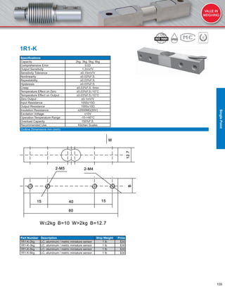 109
1R1-K
Speciﬁcations
Capacity 2kg, 3kg, 5kg, 6kg
Comprehensive Error 0.03
Output Sensitivity 1.2mV/V
Sensitivity Tolerance ±0.15mV/V
Nonlinearity ±0.03%F.S.
Repeatability ±0.03%F.S.
Hysteresis ±0.03%F.S.
Creep ±0.03%F.S. 5min
Temperature Effect on Zero ±0.03%F.S./10°C
Temperature Effect on Output ±0.03%F.S./10°C
Zero Output ±0.1mV/V
Input Resistance 1055±10Ω
Output Resistance 1000±10Ω
Insulation Resistance ≥2000MΩ(50V)
Excitation Voltage ≤10V
Operation Temperature Range -10-+40°C
Overload Capacity 150%F.S.
Recommended Use Kitchen Scales
Part Number Description Ship Weight Price
1R1-K-2kg LC, aluminum / metric miniature sensor 1 lb $30
1R1-K-3kg LC, aluminum / metric miniature sensor 1 lb $30
1R1-K-5kg LC, aluminum / metric miniature sensor 1 lb $30
1R1-K-6kg LC, aluminum / metric miniature sensor 1 lb $30
Outline Dimensions mm (inch)
SinglePoint
 