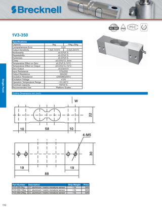 110
1V3-350
Speciﬁcations
Capacity 5kg 10kg, 25kg
Comprehensive Error 0.03
Output Sensitivity 1.6±0.1mV/V 2.0±0.2mV/V
Nonlinearity ±0.03%F.S.
Repeatability ±0.03%F.S.
Hysteresis ±0.03%F.S.
Creep ±0.03%F.S. 5min
Temperature Effect on Zero ±0.5%F.S./10°C
Temperature Effect on Output ±0.03%F.S./10°C
Zero Output ±0.03mV/V
Input Resistance 370±20Ω
Output Resistance 350±5Ω
Insulation Resistance ≥2000MΩ(50V)
Excitation Voltage ≤10V
Operation Temperature Range -10-+40°C
Overload Capacity 150%F.S.
Recommended Use Platform Scales
Part Number Description Ship Weight Price
1V3-350-5kg LC, aluminum / metric miniature sensor 1 lb $45
1V3-350-10kg LC, aluminum / metric miniature sensor 1 lb $45
1V3-350-25kg LC, aluminum / metric miniature sensor 1 lb $45
Outline Dimensions mm (inch)
SinglePoint
 