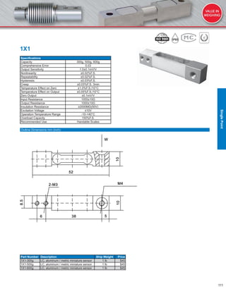 111
1X1
Speciﬁcations
Capacity 300g, 500g, 600g
Comprehensive Error 0.03
Output Sensitivity 1.0±0.1mV/V
Nonlinearity ±0.02%F.S.
Repeatability ±0.02%F.S.
Hysteresis ±0.03%F.S.
Creep ±0.03%F.S. 3min
Temperature Effect on Zero ±1.0%F.S./10°C
Temperature Effect on Output ±0.05%F.S./10°C
Zero Output ±0.1mV/V
Input Resistance 1055±10Ω
Output Resistance 1000±10Ω
Insulation Resistance ≥2000MΩ(50V)
Excitation Voltage ≤10V
Operation Temperature Range -10-+40°C
Overload Capacity 150%F.S.
Recommended Use Handable Scales
Part Number Description Ship Weight Price
1X1-300g LC, aluminum / metric miniature sensor 1 lb $45
1X1-500g LC, aluminum / metric miniature sensor 1 lb $45
1X1-600g LC, aluminum / metric miniature sensor 1 lb $45
Outline Dimensions mm (inch)
SinglePoint
 