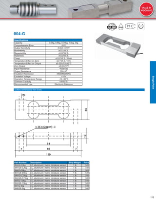 113
004-G
Speciﬁcations
Capacity 0.3kg, 0.6kg, 0.75kg, 1.5kg, 3kg
Comprehensive Error 0.02
Output Sensitivity 0.9±0.1mV/V
Nonlinearity ±0.02%F.S.
Repeatability ±0.02%F.S.
Hysteresis ±0.02%F.S.
Creep ±0.02%F.S. 30min
Temperature Effect on Zero ±0.1%F.S./10°C
Temperature Effect on Output ±0.02%F.S./10°C
Zero Output ±0.02mV/V
Input Resistance 405±10Ω
Output Resistance 350±3Ω
Insulation Resistance ≥5000MΩ(50V)
Excitation Voltage ≤10V
Operation Temperature Range -10-+40°C
Overload Capacity 150%F.S.
Recommended Use Electronic Balances
Part Number Description Ship Weight Price
004-G-0.3kg LC, aluminum / metric miniature sensor 1 lb $45
004-G6-0.3kg LC, aluminum / metric miniature sensor 1 lb $45
004-G-0.6kg LC, aluminum / metric miniature sensor 1 lb $45
004-G6-0.6kg LC, aluminum / metric miniature sensor 1 lb $45
004-G-0.75kg LC, aluminum / metric miniature sensor 1 lb $45
004-G6-0.75kg LC, aluminum / metric miniature sensor 1 lb $45
004-G-1.5kg LC, aluminum / metric miniature sensor 1 lb $45
004-G6-1.5kg LC, aluminum / metric miniature sensor 1 lb $45
004-G-3kg LC, aluminum / metric miniature sensor 1 lb $45
004-G6-3kg LC, aluminum / metric miniature sensor 1 lb $45
Outline Dimensions mm (inch)
SinglePoint
 